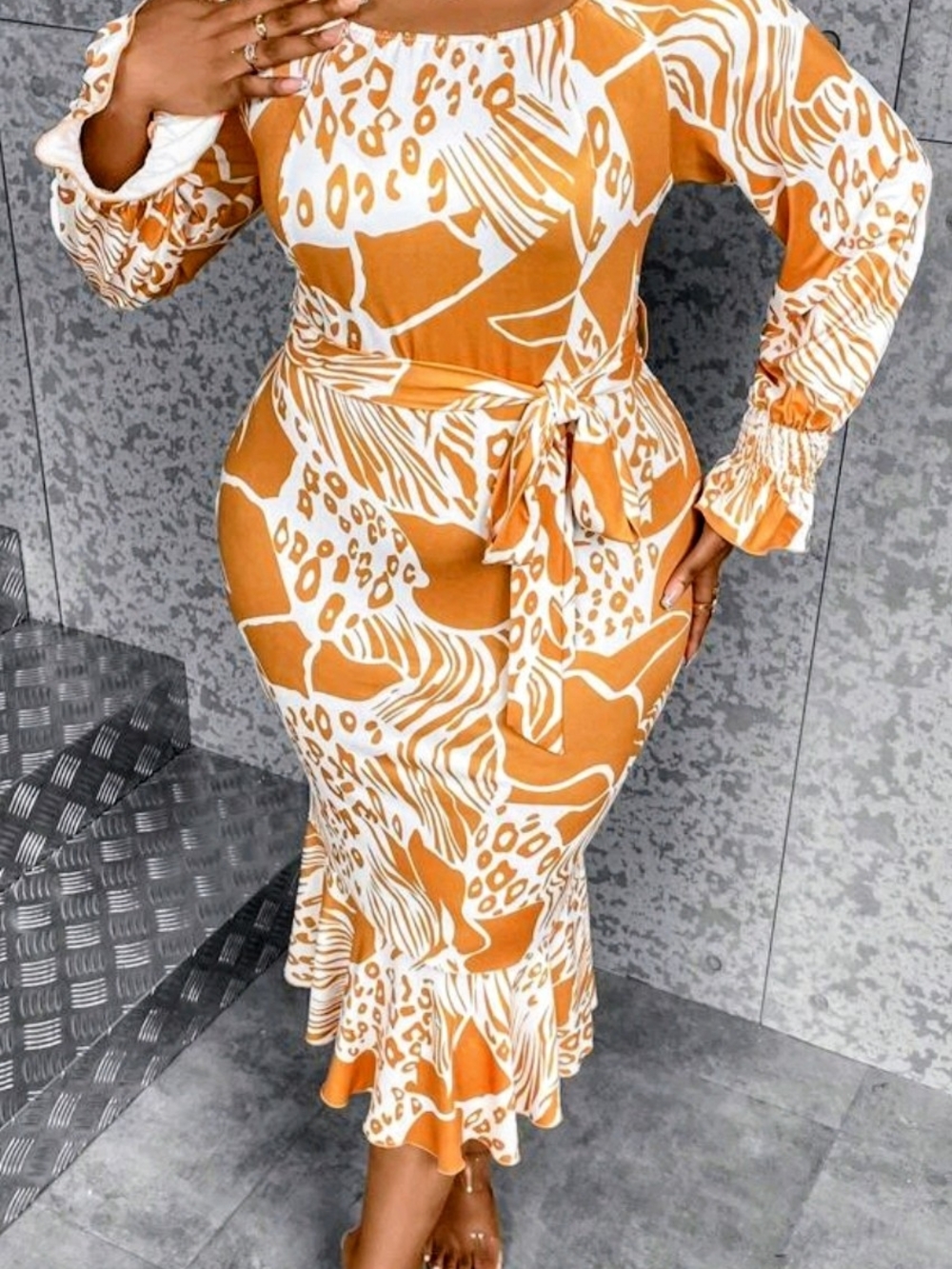 SHEIN Orange & White Abstract Print Belted Midi Dress